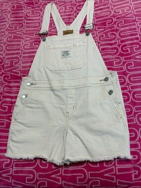 Signature Cream Denim Shortalls with Frayed Hem